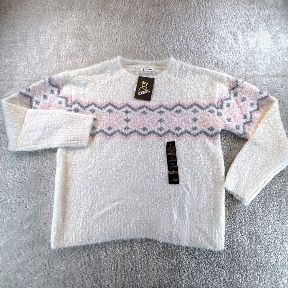 Art Class Girls L 10/12 Fuzzy Fair Isle Sweater Dog Bone White Pink Grey NEW